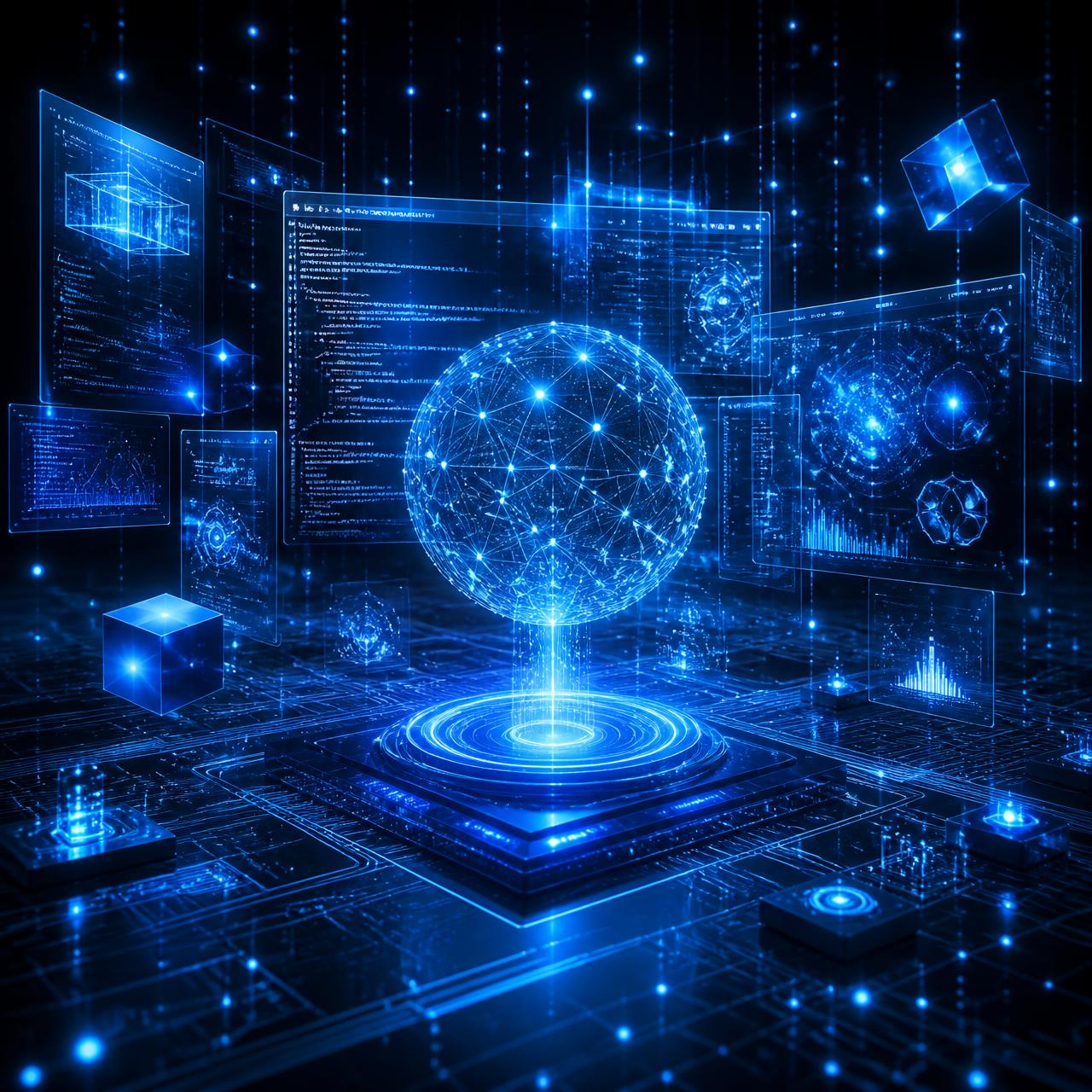 Ilustração 3D de tecnologia com hologramas e interfaces flutuantes